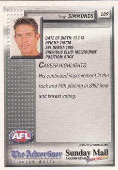2003 Select The Advertiser-Sunday Mail AFL #109 Troy Simmonds Back